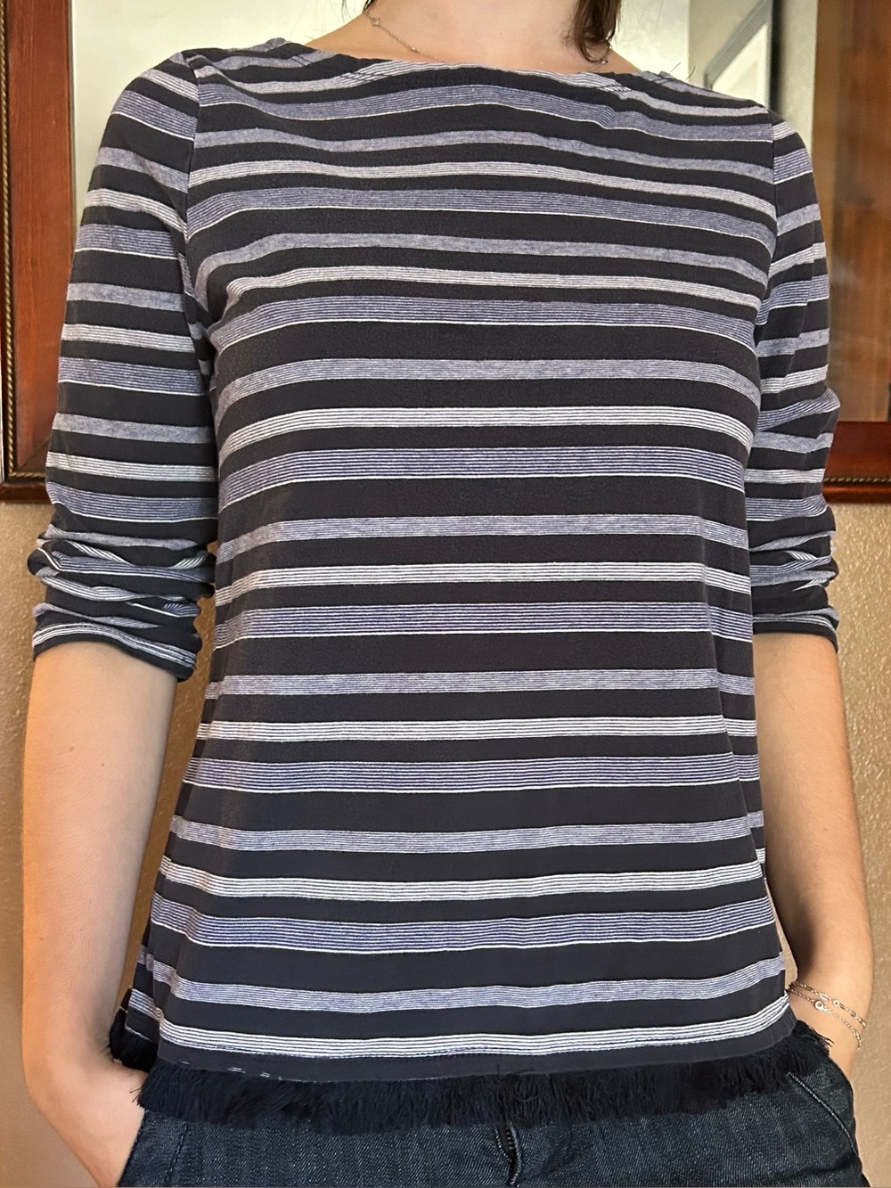 Max Jeans Navy & Light Gray Striped 3/4 sleeve
